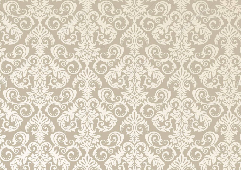 Beautiful damask pattern of brown and beige colors. Royal design with floral ornament. Seamless wallpaper with a damascus tile texure. Raster illustration.