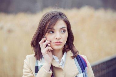 Telefon konuşması. Yakından bir portre. Ciddi bir kadın cep telefonuyla konuşuyor. Güz parkının arka planında, profesyonel sohbetler, akıllı iş adamları kavramı.