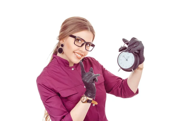 Beautiful Girl Alarm Clock Hand Raises His Index Finger Waist — Stock Photo, Image