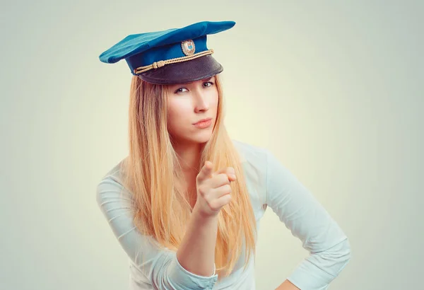 Ich Dich Auserwählte Frau Mit Blauem Polizeihut Die Mit Dem — Stockfoto