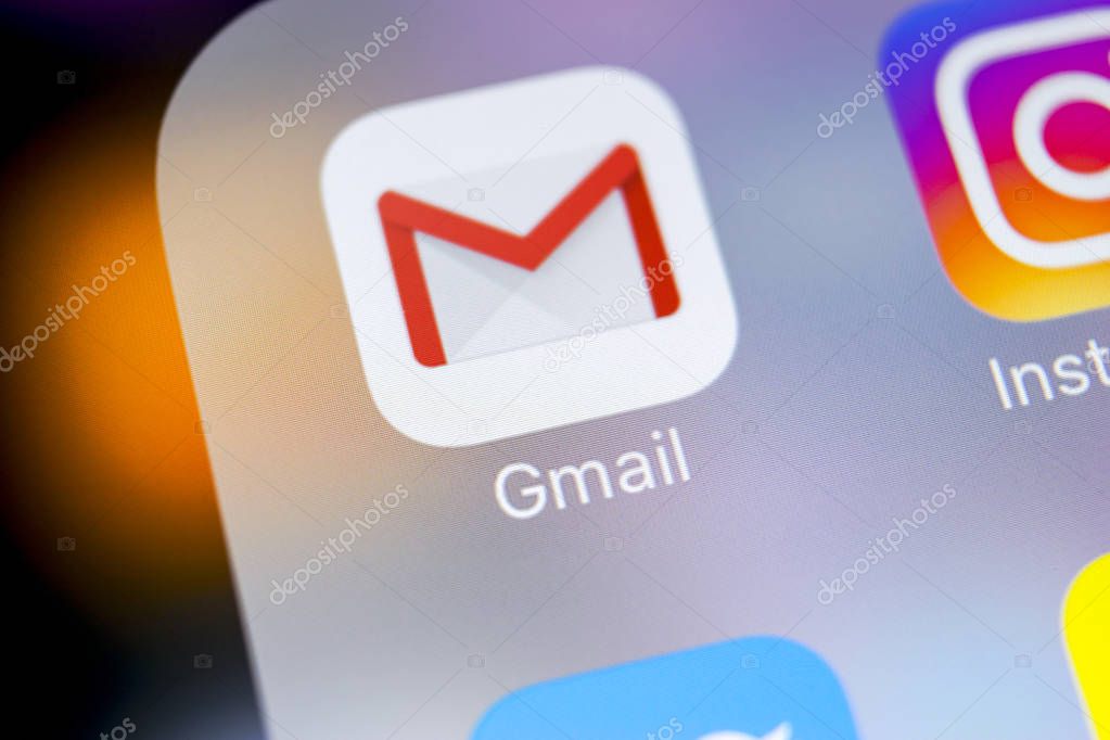Sankt-Petersburg, Russia, March 7, 2018: Google Gmail application icon on Apple iPhone X smartphone screen close-up. Gmail app icon. Gmailis  popular Internet online e-mail. Social media icon
