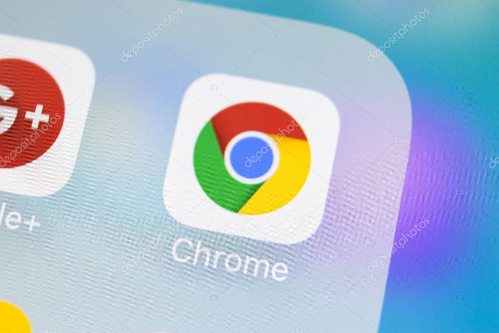 Sankt-Petersburg, Russia, March 14, 2018: Google Chrome application icon on Apple iPhone X screen close-up. Google Chrome app icon. Google Chrome application. Social media network