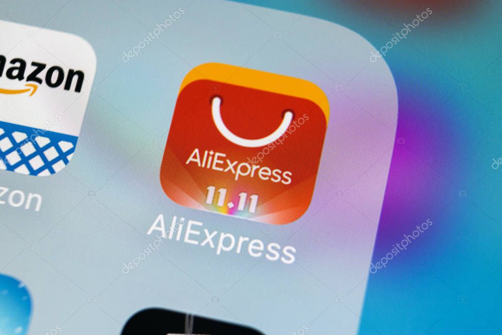 Sankt-Petersburg, Russia, March 15, 2018: Aliexpress application icon on Apple iPhone X smartphone screen close-up. Aliexpress app icon. Aliexpress.com is popular e-commerce application. Social media icon