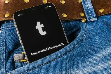 Sankt-Petersburg, Rusya, 14 Nisan 2018: Tumblr uygulama simgesi üzerinde Apple iphone X smartphone ekran yakın çekim kot pantolon cebinde. Tumblr artı app simgesi. Tumblr Internet online sosyal medya sosyal ağ olduğunu