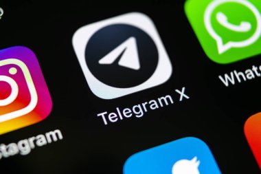 Sankt-Petersburg, Rusya, 10 Mayıs 2018: Telgraf X uygulama simgesi üzerinde Apple iphone X ekran yakın çekim. Telgraf X app simgesi. Telgraf X bir online sosyal medya sosyal ağdır. Sosyal medya uygulaması