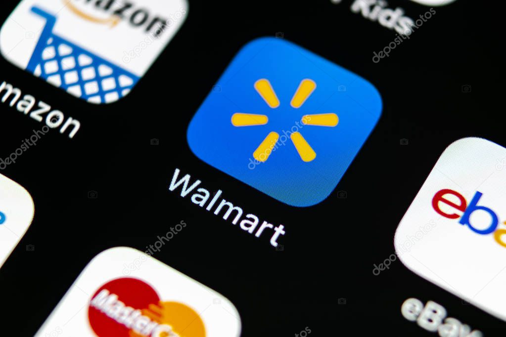Sankt-Petersburg, Russia, May 10, 2018: Walmart application icon on Apple iPhone X screen close-up. Walmart app icon. Walmart.com is multinational retailing corporation