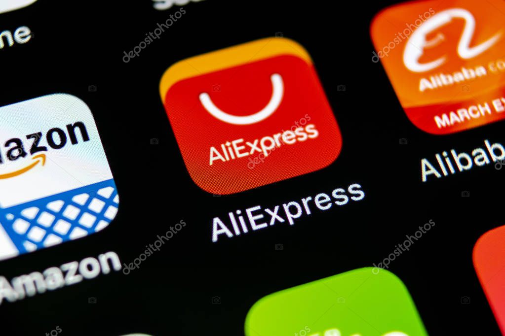 Sankt-Petersburg, Russia, May 10, 2018: Aliexpress application icon on Apple iPhone X smartphone screen close-up. Aliexpress app icon. Aliexpress.com is popular e-commerce application. Social media icon