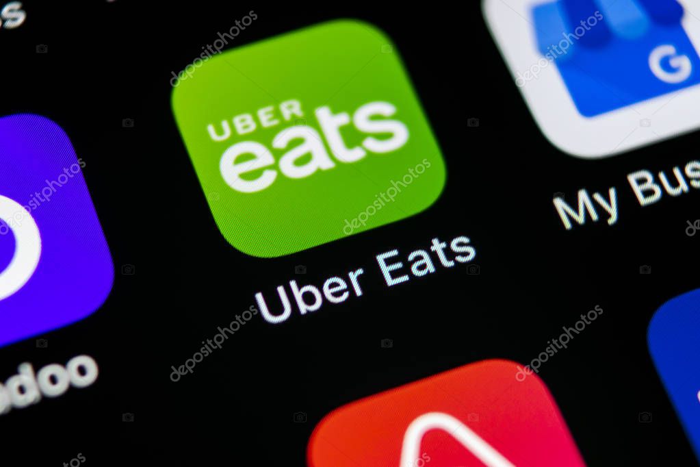 Sankt-Petersburg, Russia, May 10, 2018: Uber Eats application icon on Apple iPhone X smartphone screen close-up. Uber eats app icon. Social network. Social media icon