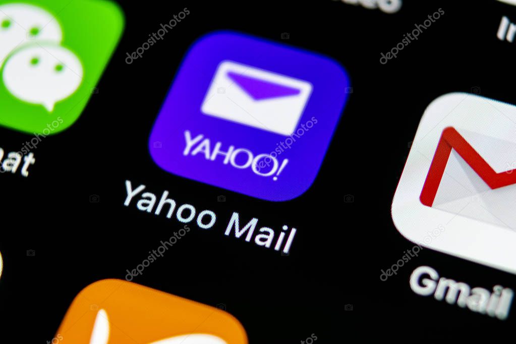 Sankt-Petersburg, Russia,May 10, 2018: Yahoo Mail application icon on Apple iPhone X smartphone screen close-up. Yahoo mail app icon. Social network. Social media icon