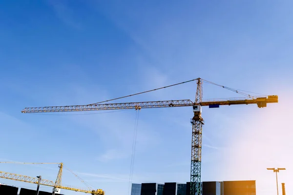 Construction crane tower on blue sky background. Crane and building working progress. Yellow lifting faucet. Empty Space for text. Construction concept. Site. New buildings with a crane. Tower crane