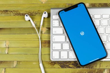 Sankt-Petersburg, Rusya, 2 Haziran 2018: Wordpress uygulama simgesi üzerinde Apple iphone X ekran yakın çekim. WordPress app simgesi. WordPress.com uygulama. Sosyal ağ