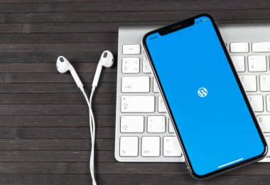 Sankt-Petersburg, Rusya, 2 Haziran 2018: Wordpress uygulama simgesi üzerinde Apple iphone X ekran yakın çekim. WordPress app simgesi. WordPress.com uygulama. Sosyal ağ