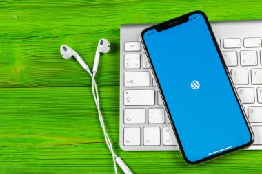 Sankt-Petersburg, Rusya, 2 Haziran 2018: Wordpress uygulama simgesi üzerinde Apple iphone X ekran yakın çekim. WordPress app simgesi. WordPress.com uygulama. Sosyal ağ