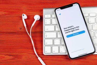Sankt-Petersburg, Rusya, 2 Haziran 2018: Twitter uygulama simgesi üzerinde Apple iphone X smartphone ekran yakın çekim. Twitter app simgesi. Sosyal medya simge. Sosyal ağ