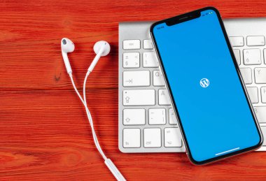 Sankt-Petersburg, Rusya, 2 Haziran 2018: Wordpress uygulama simgesi üzerinde Apple iphone X ekran yakın çekim. WordPress app simgesi. WordPress.com uygulama. Sosyal ağ