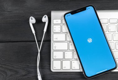 Sankt-Petersburg, Rusya, 2 Haziran 2018: Wordpress uygulama simgesi üzerinde Apple iphone X ekran yakın çekim. WordPress app simgesi. WordPress.com uygulama. Sosyal ağ