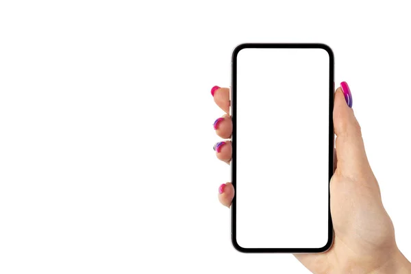 Makieta Smartphone Ręce Kobiety Nowy Nowoczesny Czarny Smartphone Bezramowe Makieta — Zdjęcie stockowe