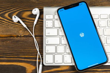 Sankt-Petersburg, Rusya, 2 Haziran 2018: Wordpress uygulama simgesi üzerinde Apple iphone X ekran yakın çekim. WordPress app simgesi. WordPress.com uygulama. Sosyal ağ