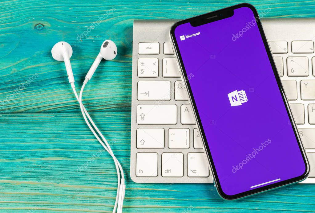 Sankt-Petersburg, Russia, June 2, 2018: Microsoft OneNote office application icon on Apple iPhone X screen close-up. Microsoft One Note app icon. Microsoft OneNote application. Social media network