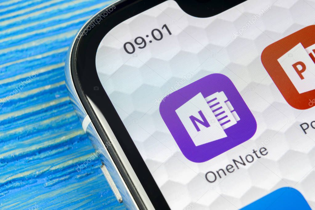 Sankt-Petersburg, Russia, June 20, 2018: Microsoft OneNote office application icon on Apple iPhone X screen close-up. Microsoft One Note app icon. Microsoft OneNote application. Social media network