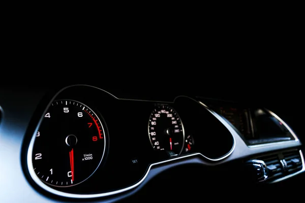 Close Shot Speedometer Car Car Dashboard Dashboard Details Indication Lamps — Stock Photo, Image