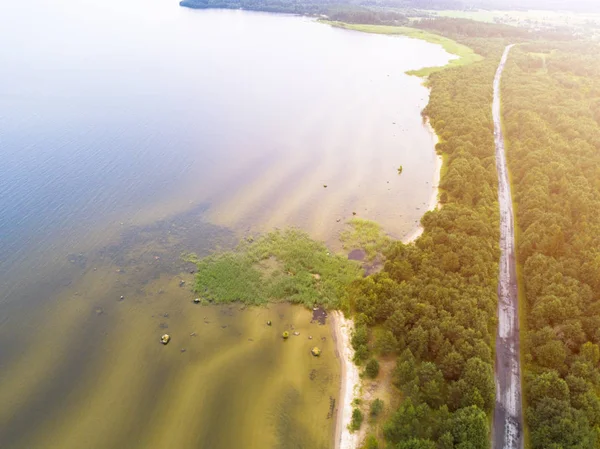 Aerial View Highway Aerial View Country Road Lake Car Passing — Stock Photo, Image