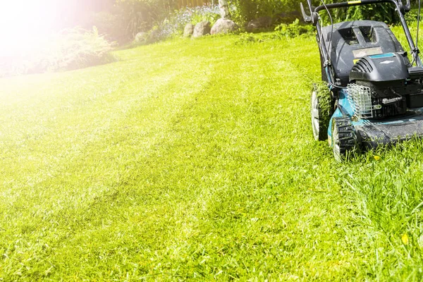 Klippa Gräsmattor Gräsklippare Grönt Gräs Gräsklipparen Gräs Utrustning Slåtter Trädgårdsmästare — Stockfoto