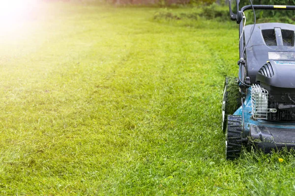 Beautiful girl cuts the lawn, Mowing lawns, Lawn mower on green grass, mower grass equipment, mowing gardener care work tool, close up view, sunny day. Soft lighting