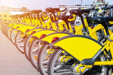 Satır Bisiklet Park. Satır Park edilmiş renkli bisiklet. Kiralama sarı bisikletler. Kiralık vintage Bisiklet Bisiklet üzerinde kaldırım desen. Tekerlek yakın çekim. Yumuşak aydınlatma