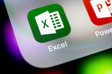 Sankt-Petersburg, Russia, August 10, 2018: Microsoft Exel application icon on Apple iPhone X screen close-up. Microsoft office Exel app icon. Microsoft office on mobile phone. Social media clipart