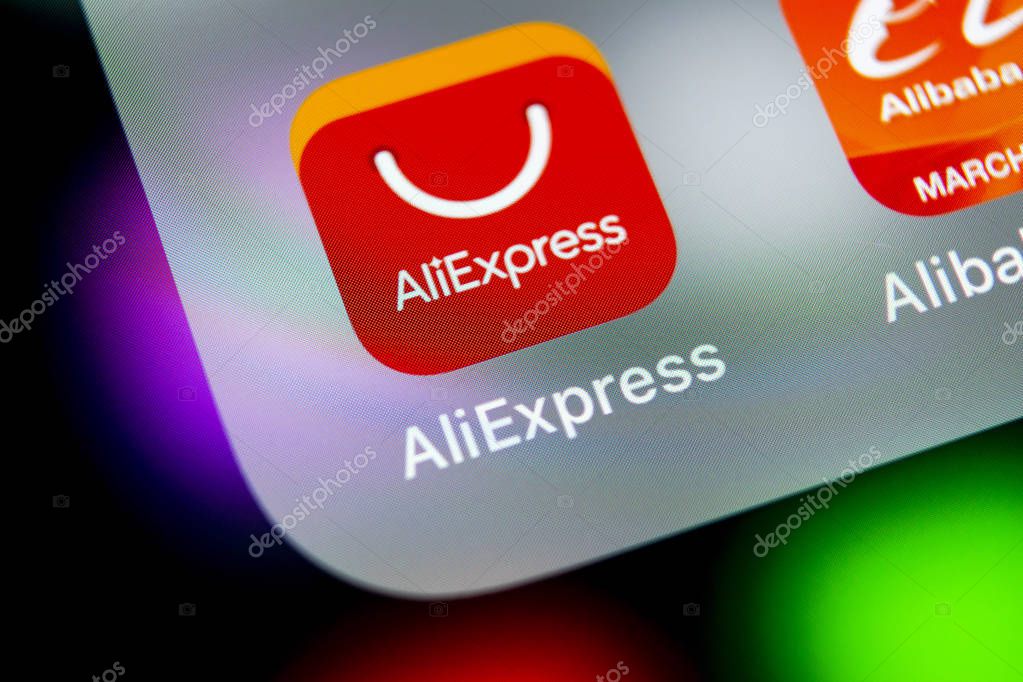 Sankt-Petersburg, Russia, August 16, 2018: Aliexpress application icon on Apple iPhone X smartphone screen close-up. Aliexpress app icon. Aliexpress.com is popular e-commerce application. Social media icon