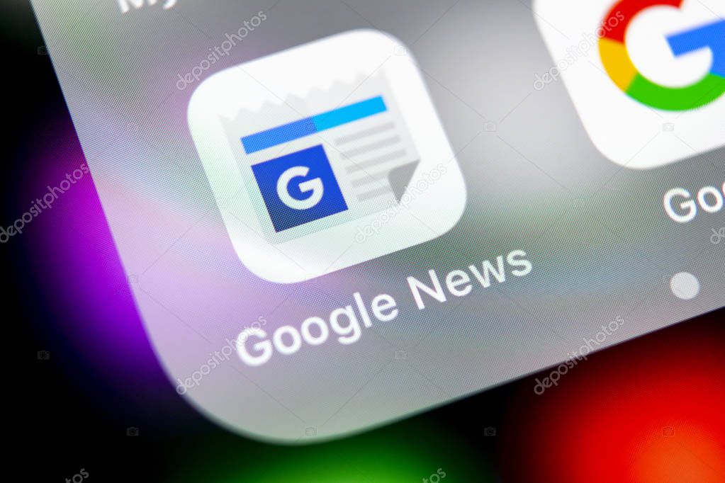 Sankt-Petersburg, Russia, August 16, 2018: Google News application icon on Apple iPhone X smartphone screen close-up. Google news app icon. Social network. Social media icon