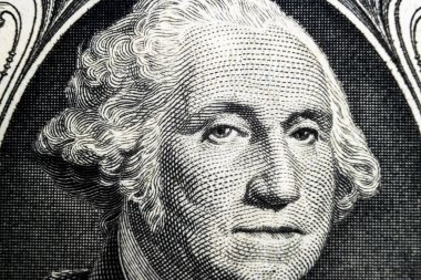 Bizi Başkan George Washington yüz portre ABD bir dolar notu. Makro vurdu. Parayı arka plan. George Washington makro atış gözleri. 