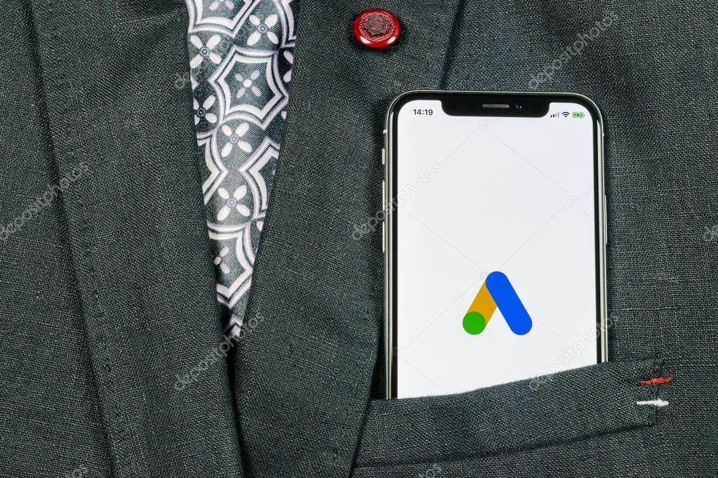 Sankt-Petersburg, Russia, August 24, 2018: Google Ads AdWords application icon on Apple iPhone X screen close-up in jacket pocket. Google Ad Words icon. Google ads Adwords application. Social media network