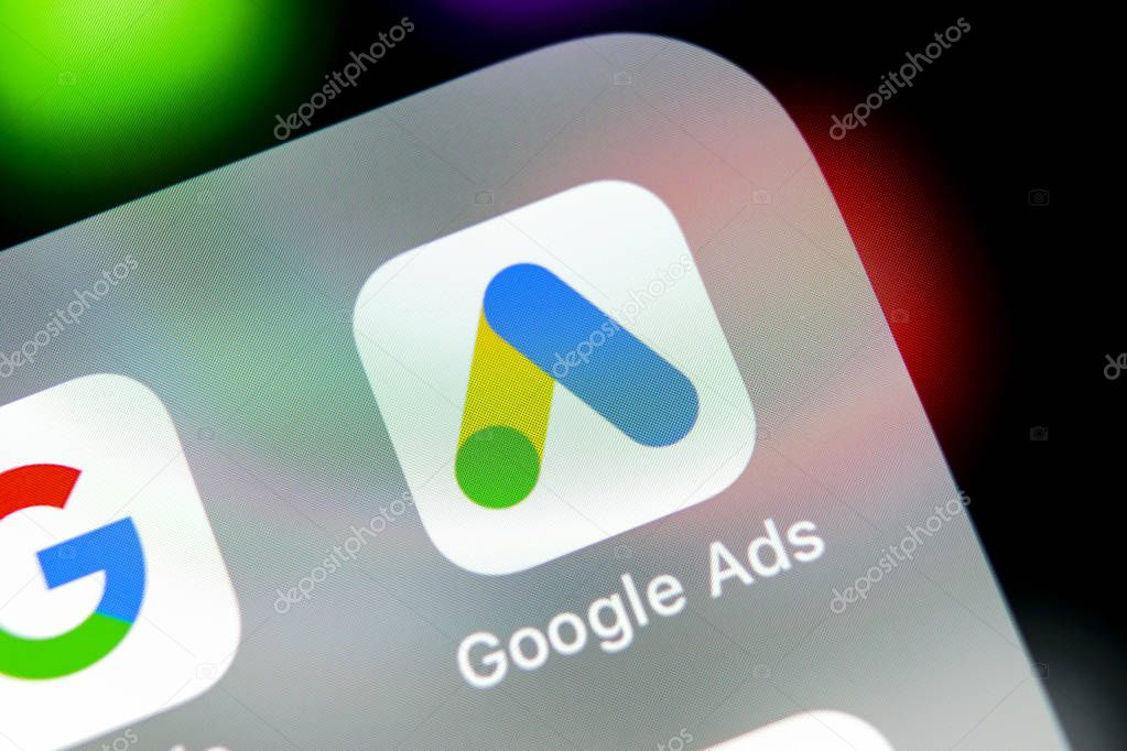 Sankt-Petersburg, Russia, August 31, 2018: Google Ads AdWords application icon on Apple iPhone X screen close-up. Google Ad Words icon. Google ads Adwords application. Social media network