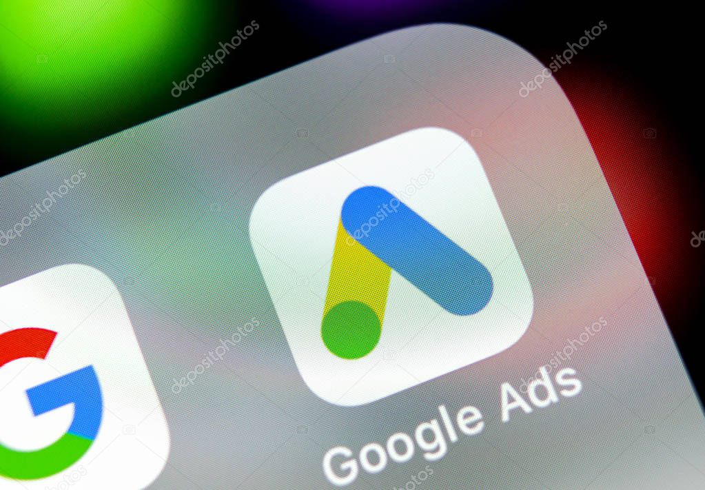 Sankt-Petersburg, Russia, August 31, 2018: Google Ads AdWords application icon on Apple iPhone X screen close-up. Google Ad Words icon. Google ads Adwords application. Social media network