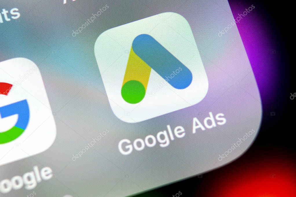 Sankt-Petersburg, Russia, August 31, 2018: Google Ads AdWords application icon on Apple iPhone X screen close-up. Google Ad Words icon. Google ads Adwords application. Social media network