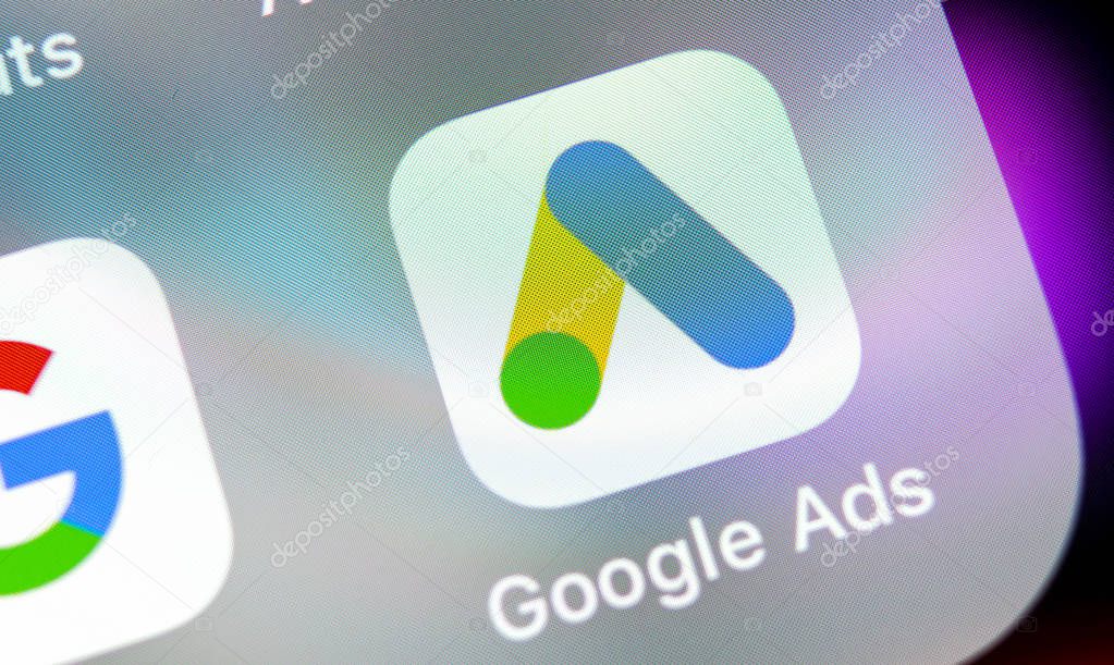 Sankt-Petersburg, Russia, August 31, 2018: Google Ads AdWords application icon on Apple iPhone X screen close-up. Google Ad Words icon. Google ads Adwords application. Social media network