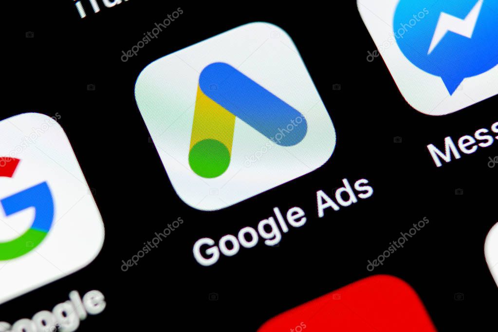 Sankt-Petersburg, Russia, August 31, 2018: Google Ads AdWords application icon on Apple iPhone X screen close-up. Google Ad Words icon. Google ads Adwords application. Social media network