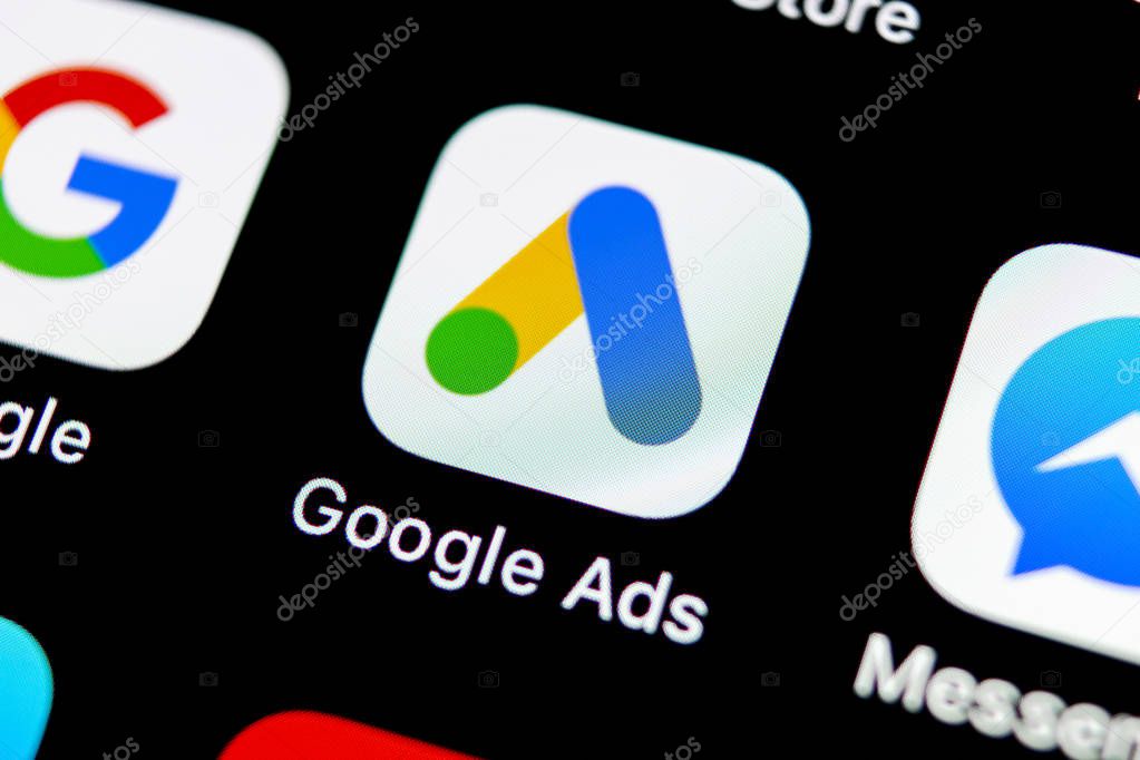 Sankt-Petersburg, Russia, August 31, 2018: Google Ads AdWords application icon on Apple iPhone X screen close-up. Google Ad Words icon. Google ads Adwords application. Social media network