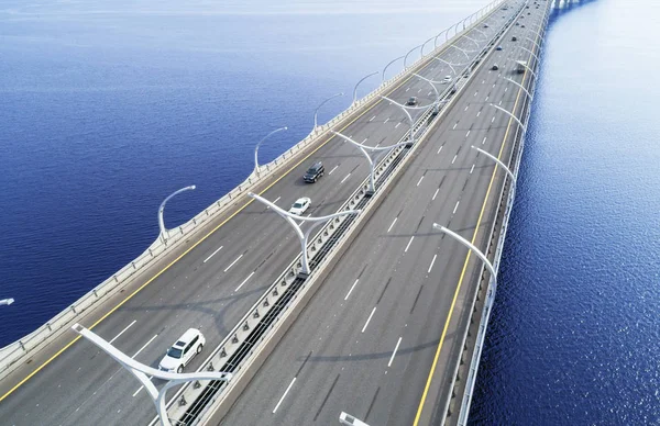 Aerial View Highway Ocean Cars Crossing Bridre Interchange Overpass Highway — Stock Photo, Image