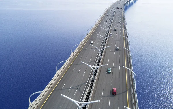 Aerial View Highway Ocean Cars Crossing Bridge Interchange Overpass Highway — Stock Photo, Image