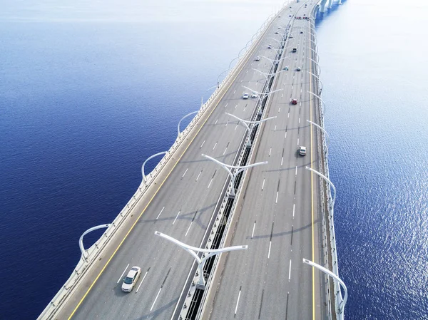 Aerial View Highway Ocean Cars Crossing Bridge Interchange Overpass Highway — Stock Photo, Image
