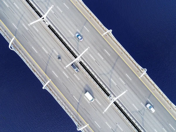 Aerial View Highway Ocean Cars Crossing Bridge Interchange Overpass Highway — Stock Photo, Image