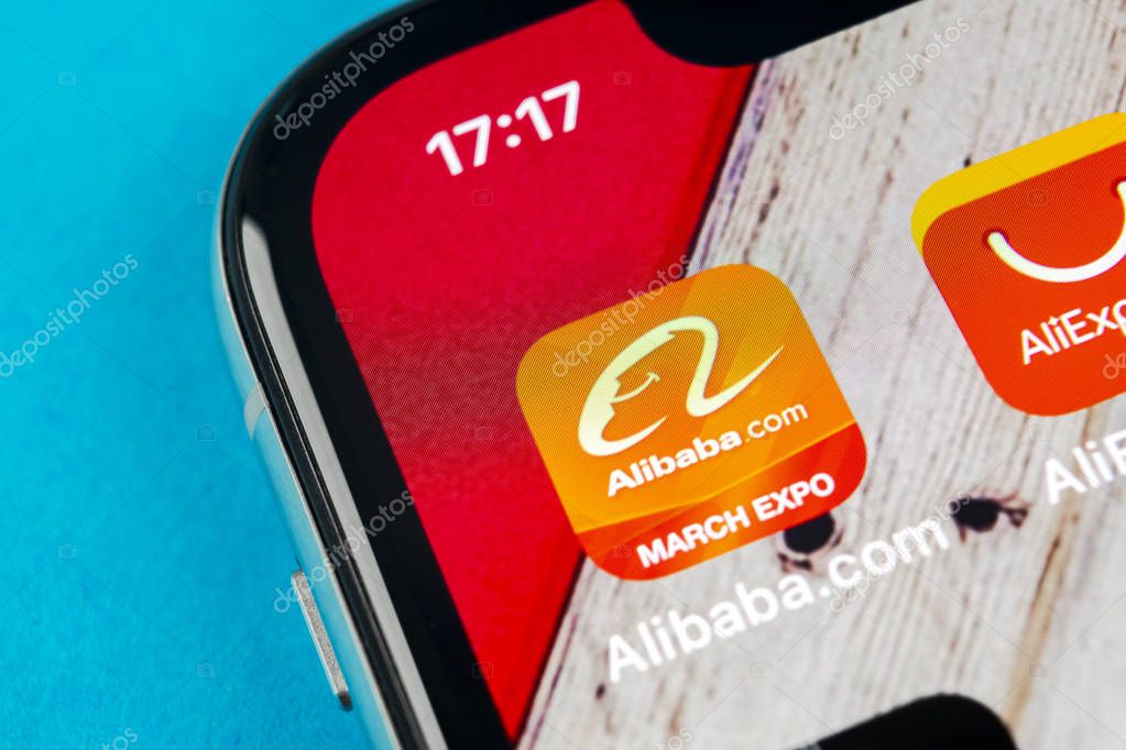 Sankt-Petersburg, September 19, 2018: Alibaba application icon on Apple iPhone X smartphone screen close-up. Alibaba app icon. Alibaba.com is popular e-commerce application. Social media icon
