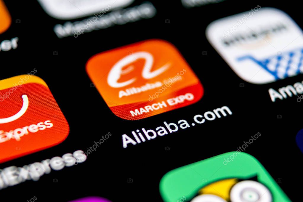 Sankt-Petersburg, September 30, 2018: Alibaba application icon on Apple iPhone X smartphone screen close-up. Alibaba app icon. Alibaba.com is popular e-commerce application. Social media icon