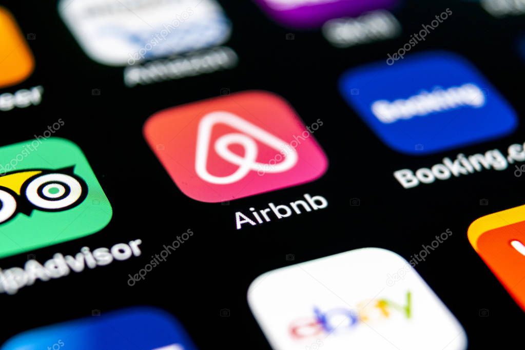 Sankt-Petersburg, Russia, September 30, 2018: Airbnb application icon on Apple iPhone X screen close-up. Airbnb app icon. Airbnb.com is online website for booking rooms. social media network.