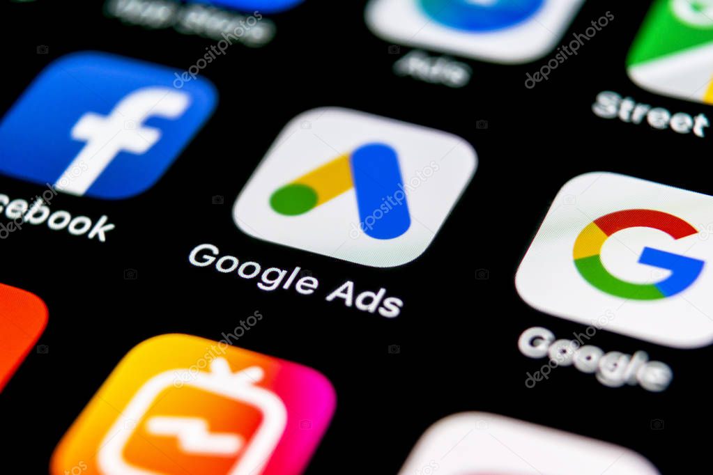 Sankt-Petersburg, Russia, September 30, 2018: Google Ads AdWords application icon on Apple iPhone X screen close-up. Google Ad Words icon. Google ads Adwords application. Social media network