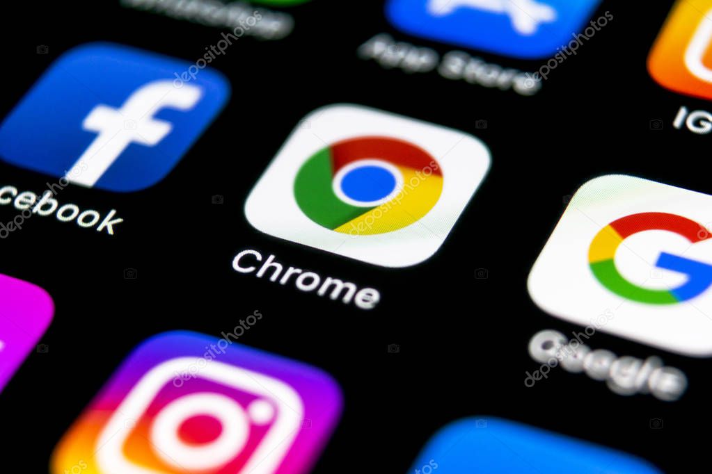 Sankt-Petersburg, Russia, September 30, 2018: Google Chrome application icon on Apple iPhone X screen close-up. Google Chrome app icon. Google Chrome application. Social media network