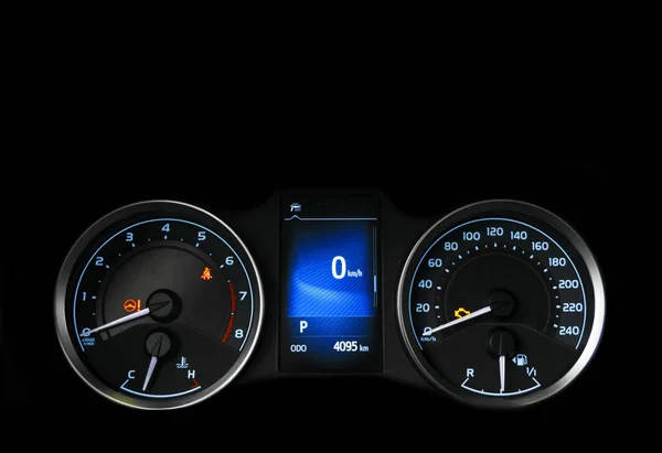 Close Shot Speedometer Car Car Dashboard Dashboard Details Indication Lamps — Stock Photo, Image